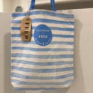FEED Tote Bag Blue & White Striped Canvas Medium Size